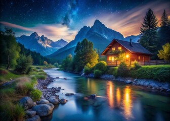 Fototapeta premium Serene Mountain River House Night Photography: Stunning Blue Hour Landscape