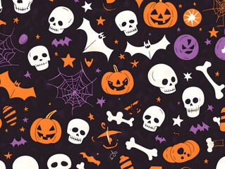 Playful and Colorful Halloween-Themed Vector Pattern with Cute Skulls, Pumpkins, and Bats on a Black Background