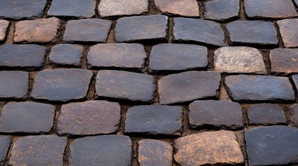 Obraz premium Close-up view of textured cobblestone pavement with varying shades and patterns, showcasing urban design