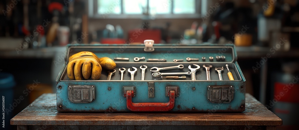 Poster open toolbox with various wrenches and a work glove on a workbench.