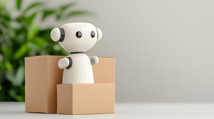 cute robot figure standing in cardboard box, surrounded by greenery, symbolizes innovation and technology in logistics