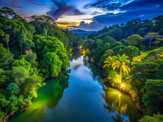 Serene Night River, Lush Rainforest Canopy Drone 4K - Tropical Green Forest Landscape