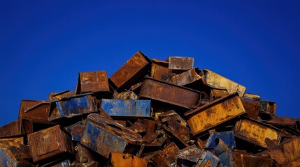 Fototapeta premium Heap of discarded metal scraps, rusting and deteriorating, placed on a deep blue background