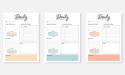 Minimalist daily planner template set. Vector illustration