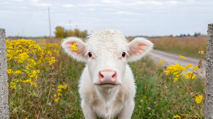 Obraz premium White calf stares, rural road, autumn field