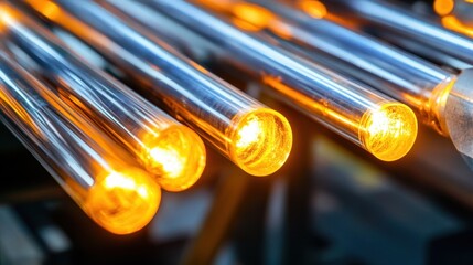 Heated steel rods being guided through automated rollers, glowing edges creating a dramatic effect