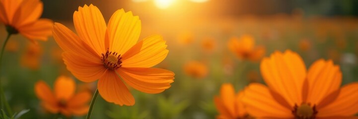 Orange cosmos flowers bathed in golden sunlight , plants, picture