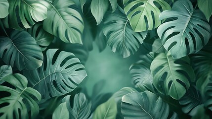 Abstract foliage and botanical background. Green tropical forest wallpaper of monstera leaves, palm leaf, branches in hand drawn pattern. Exotic plants background for banner, prints, decor, wall art.