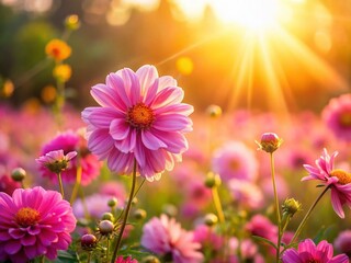 Serene Pink Flower Field, Warm Sunlight, High Depth of Field Stock Photo
