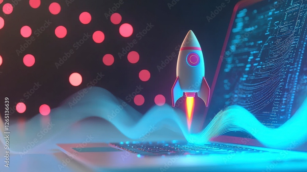 Aufkleber this engaging image shows a bold rocket emitting data waves from a laptop interface, visually repres