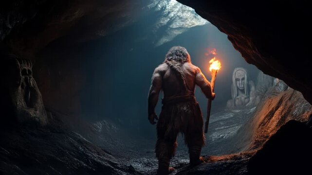 Neanderthal Walking with Fire Torch Exploring Cave with Ancient Statues