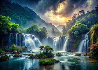 Serene Rain: Misty Waterfall Ambiance, Soothing Soundscape Stock Photo