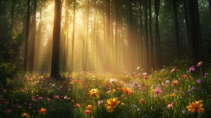 Enchanting Sunrise in a Lush Forest Filled with Colorful Wildflowers and Soft Sunlight Filtering Through Tall Trees