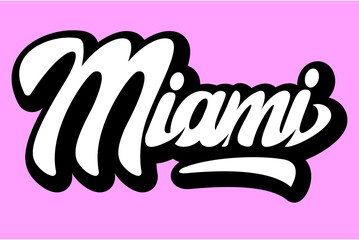 A vibrant and stylish cursive script of the word Miami set against a soft purple background evoking a sense of fun and excitement.