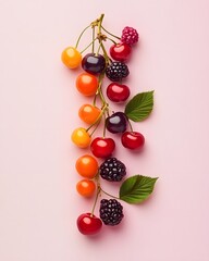 A vibrant cascade of summer's bounty. Sweet cherries, plump berries, and a spectrum of colors against a soft pink backdrop. Deliciously delightful