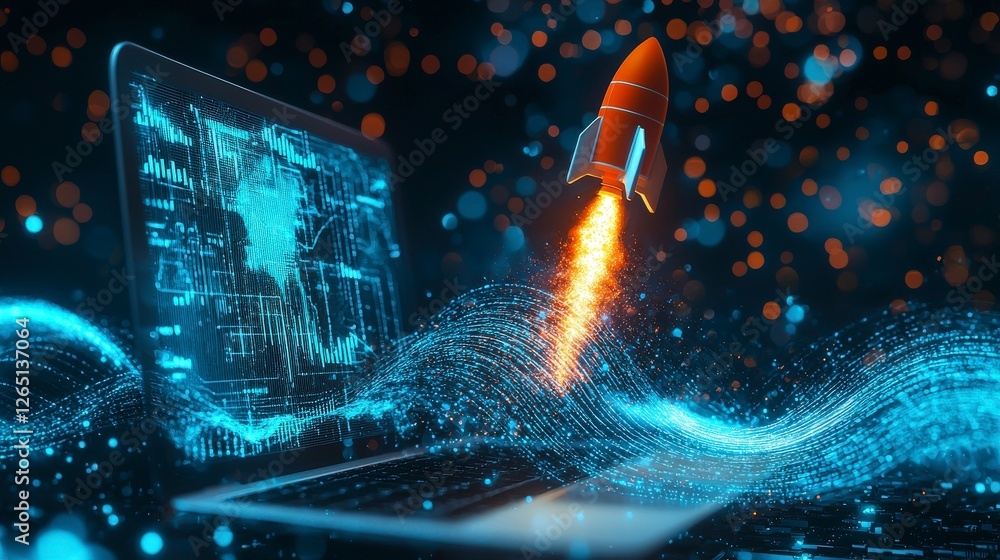 Poster a visual metaphor of a rocket emerging from an open laptop, illustrating the synergy between technol