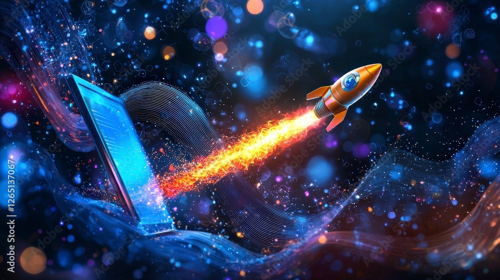 Poster this captivating image features a rocket launching from a mobile device, portraying the connection b