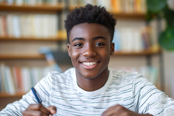 Smiling black boy writing in classroom, learning, knowledge and study. Latin male pupil at school, preparing for exam test and project