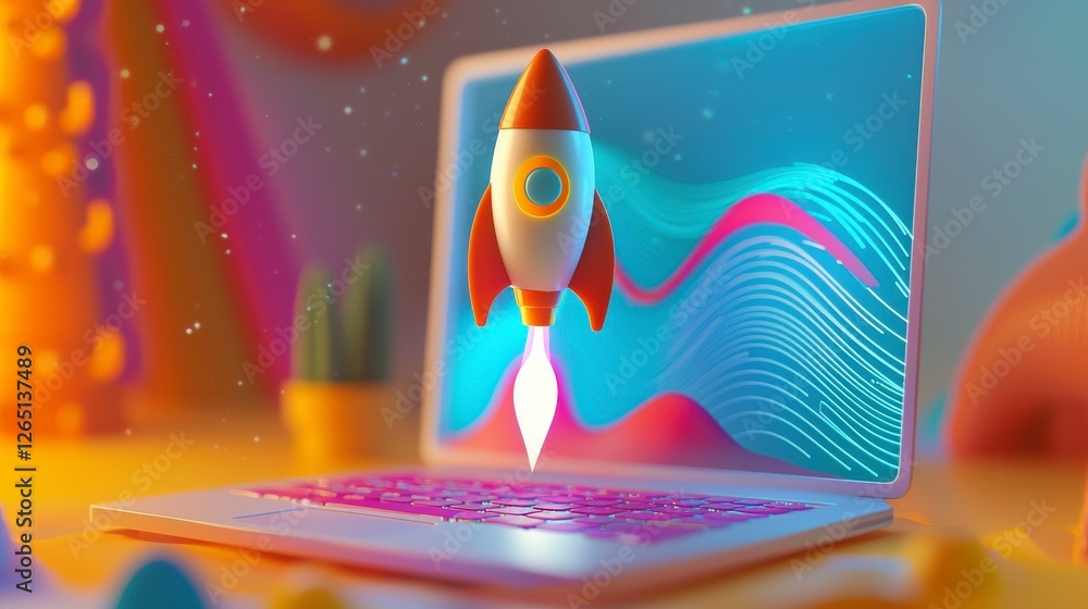 Poster a playful rocket takes flight from an open laptop, with colorful trails showcasing a fusion of techn