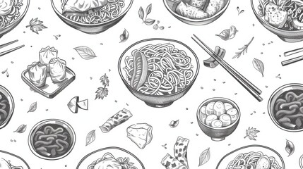 Hand-drawn rough pattern of popular Thai dishes like beef salad, Pad See Ew, and coconut ice cream. Vector isolated on white background for restaurant banners
