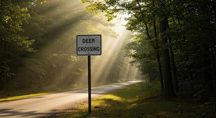 Sunbeams Through Trees on Road with Deer Crossing Sign Landscape