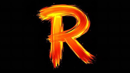Fiery Letter R Illustration: Bold Orange Brushstroke Font on Black Background - Dynamic Alphabet Design for Graphic Projects