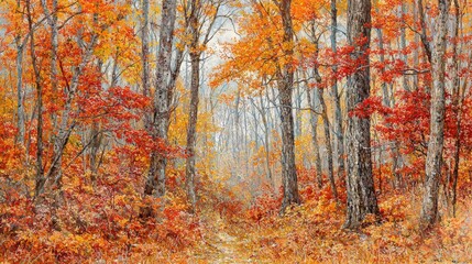 Vibrant Autumn Forest Path Through Trees with Red and Orange Leaves in Nature's Colorful Landscape