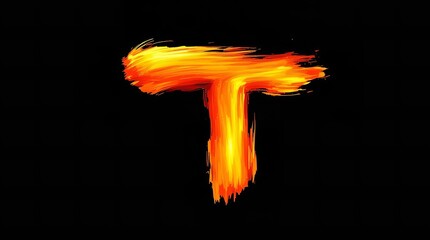 Fiery Letter T: Abstract Brushstroke Art, Burning Typography, Hot Orange and Yellow Flames on Black Background, Graphic Design Element