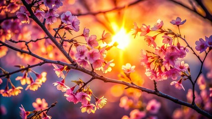 Fototapeta premium Serene Sunlight Illuminating Silhouette Cherry Blossoms - Spring Nature Stock Photo