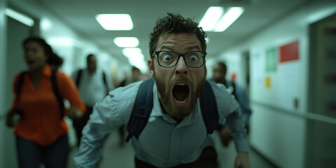 Terrified Man Running in Office Hallway