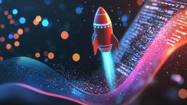 A charming rocket zooms out from an open laptop, capturing the fusion of technology and creativity with captivating light trails and vibrant hues of color decorating the scene.