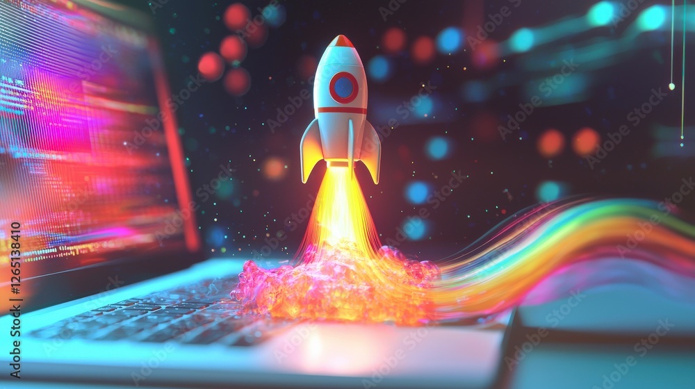 Aufkleber a vibrant rocket takes off from an open laptop, surrounded by colorful light trails and abstract dig