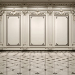 Ornate wall paneling with empty frames above a reflective checkered floor.