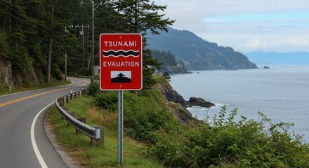 Fototapeta na wymiar Tsunami Evacuation Route Sign on Coastal Highway with Ocean View