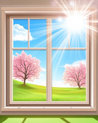 Fototapeta premium Spring sunshine streams through a window framing blossoming trees in a vibrant green field under a bright blue sky.