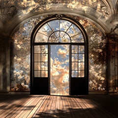 Fototapeta premium Ornate archway frames a sky of clouds, flooding a wooden floor in soft, dappled light within an antique room.