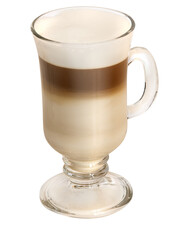 coffee cup with lattes and steamed milk and caramel chocolate sauce isolated on transparent background