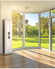 Fototapeta premium Modern living space featuring floor-to-ceiling windows offering a park view, with a sleek climate control unit.