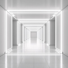 Illuminated, all-white hallway with receding square light frames, creating a clean, futuristic perspective.