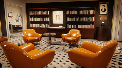 Retro styled room features orange chairs, filled bookshelves, and neutral tones.