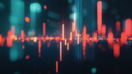 Abstract glowing big data forex candlestick chart on blurry city backdrop. Trade, technology, investment and analysis concept. Double exposure