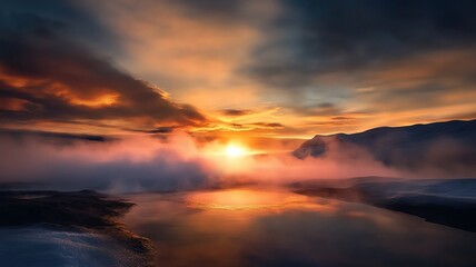 Fototapeta premium Breathtaking sunset over a misty lake with dramatic clouds and shimmering reflections.