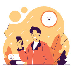 Fototapeta premium A young man with light skin representing a modern professional holds a smartphone against a colorful abstract background.