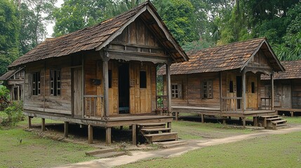Wooden huts in a tropical setting