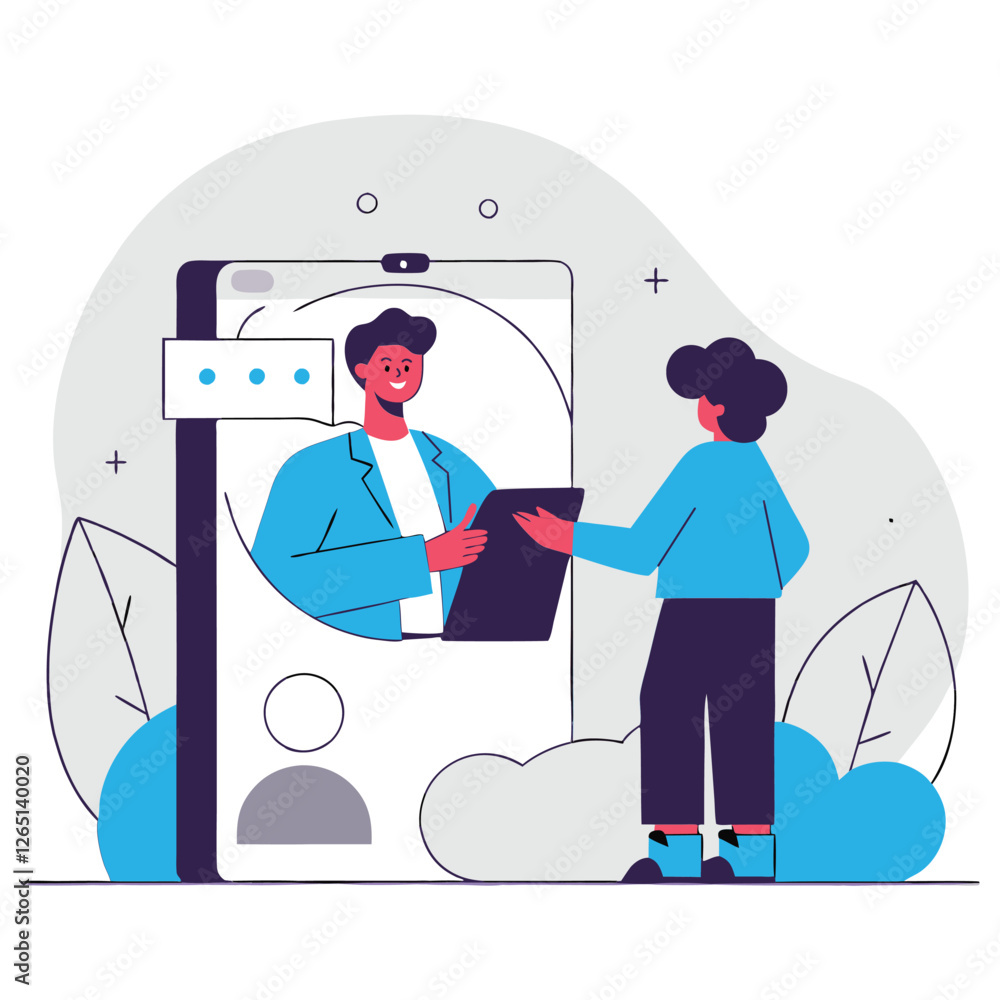 Poster a digital concept illustration showcasing an interaction between two diverse individuals using a sma