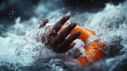 A dire moment as a person's hand emerges from stormy seas, clutching a lifering