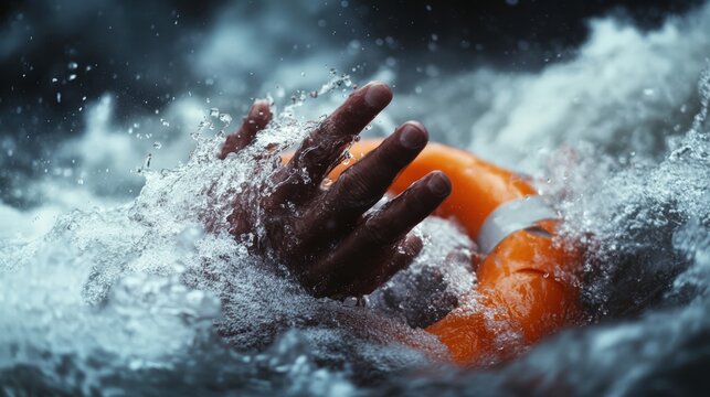 A dire moment as a person's hand emerges from stormy seas, clutching a lifering