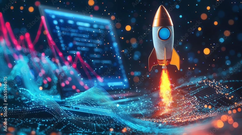Poster this image features a vibrant rocket blasting off amidst abstract digital waves, symbolizing innovat