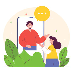 Fototapeta premium A digital illustration depicting a european man interacting with a woman near a smartphone, surrounded by colorful leaves and speech bubbles.