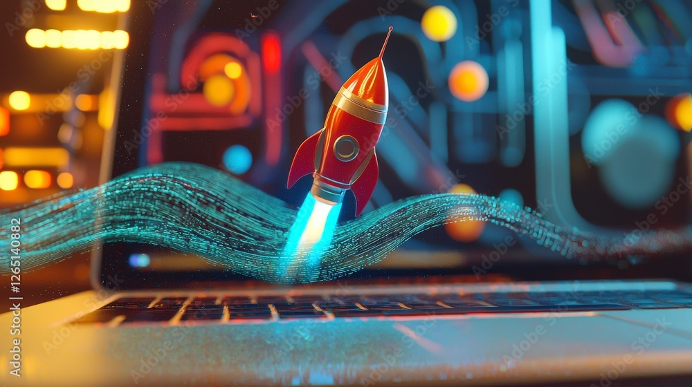 Poster a striking image of a red rocket launching from a laptop, surrounded by developing data streams, rep